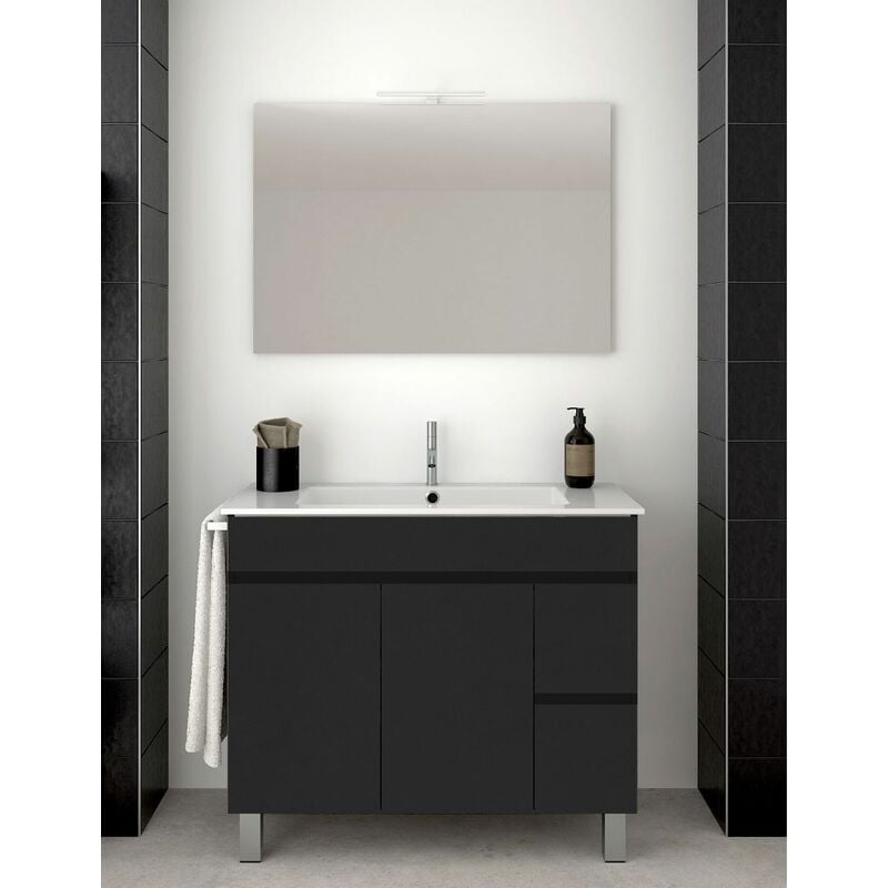 Ensemble de salle de bain Isquia 2 tiroirs et deux portes – 7 couleurs différentes – 15 dimensions – Meuble, lavabo et miroir – Graphite 80x45Cm