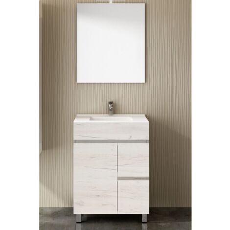 Ensemble de salle de bain Isquia 2 tiroirs et deux portes – 7 couleurs différentes – 15 dimensions – Meuble, lavabo et miroir – Blanc Nordique 60x45Cm