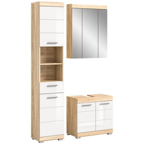 Ensemble de salle de bain LEWOTO – 1 colonne, 1 meuble sous vasque, 1 armoire avec miroir – Blanc et chêne