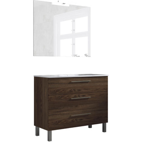 Ensemble de salle de bain meuble 100cm STAY THREE CLASSIC bois foncé - Vasque - Miroir - Applique