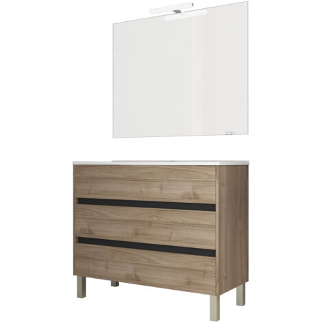 Ensemble de salle de bain meuble 100cm STAY THREE EDGE bois clair - Vasque - Miroir - Applique