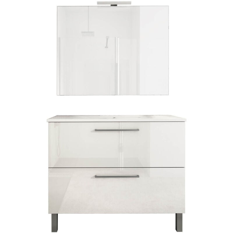 Mennza - Ensemble de salle de bain meuble 100cm stay two classic blanc brillant - Vasque - Miroir - Applique