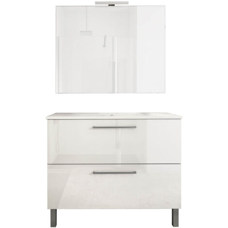 Ensemble de salle de bain meuble 100cm STAY TWO CLASSIC blanc brillant - Vasque - Miroir - Applique
