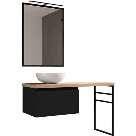Ensemble de salle de bain meuble 120cm INDUSTRIAL DARK bois clair et noir - Vasque bol en céramique - Miroir - Applique