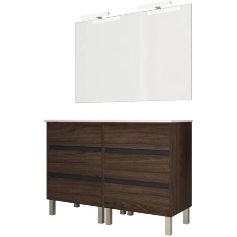 Ensemble de salle de bain meuble 120cm STAY THREE EDGE bois foncé - Vasque en céramique - Miroir sur châssis - Applique lumineuse