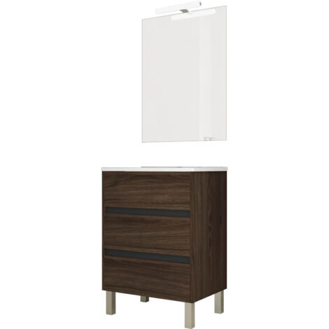 Ensemble de salle de bain meuble 60cm STAY THREE EDGE bois foncé - Vasque - Miroir - Applique
