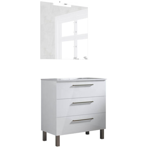 Ensemble de salle de bain meuble 80cm STAY THREE CLASSIC blanc brillant - Vasque - Miroir - Applique