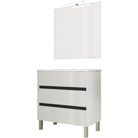 Ensemble de salle de bain meuble 80cm STAY THREE EDGE blanc brillant - Vasque - Miroir - Applique