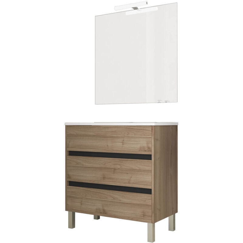Mennza - Ensemble de salle de bain meuble 80cm stay three edge bois clair - Vasque - Miroir - Applique