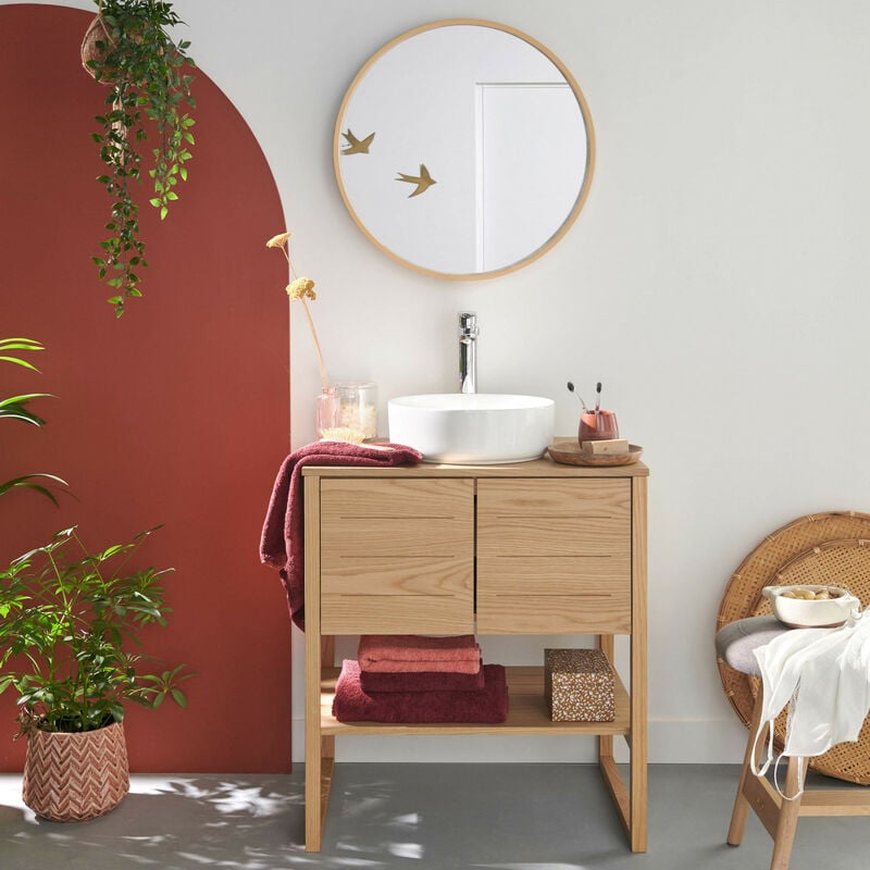 Mob-in - Meuble de Salle De Bain Chêne 70 cm atoll + Miroir Rond 60 cm + Vasque ronde 37 cm