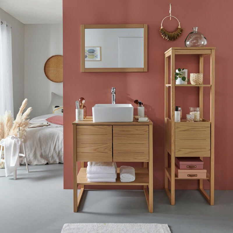 Mob-in - Meuble de salle de bain chêne 70 cm + colonne 145 cm atoll + miroir + vasque