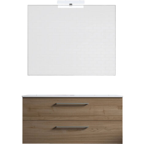 Ensemble de salle de bain meuble suspendu 100cm DOUBLE CLASSIC bois clair - Vasque - Miroir - Applique