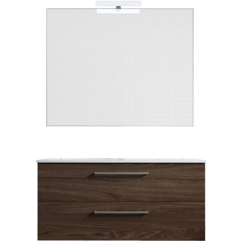 Ensemble de salle de bain meuble suspendu 100cm DOUBLE CLASSIC bois foncé - Vasque - Miroir - Applique