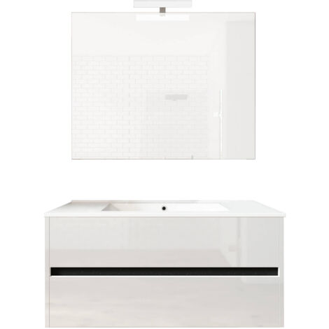 Ensemble de salle de bain meuble suspendu 100cm DOUBLE EDGE blanc brillant - Vasque - Miroir - Applique