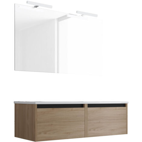 Ensemble de salle de bain meuble suspendu 120cm NICE EDGE bois clair - Vasque - Miroir - Applique