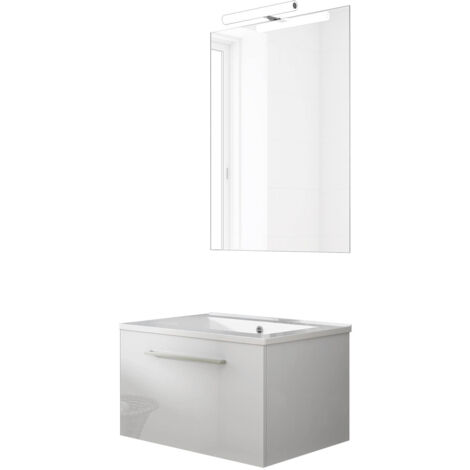 Ensemble de salle de bain meuble suspendu 60cm NICE CLASSIC blanc brillant - Vasque - Miroir - Applique