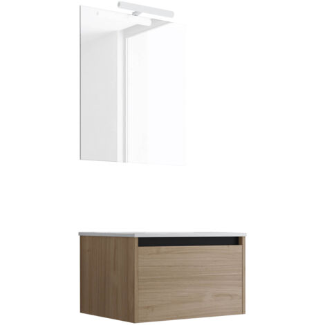 Ensemble de salle de bain meuble suspendu 60cm NICE EDGE bois clair - Vasque - Miroir - Applique