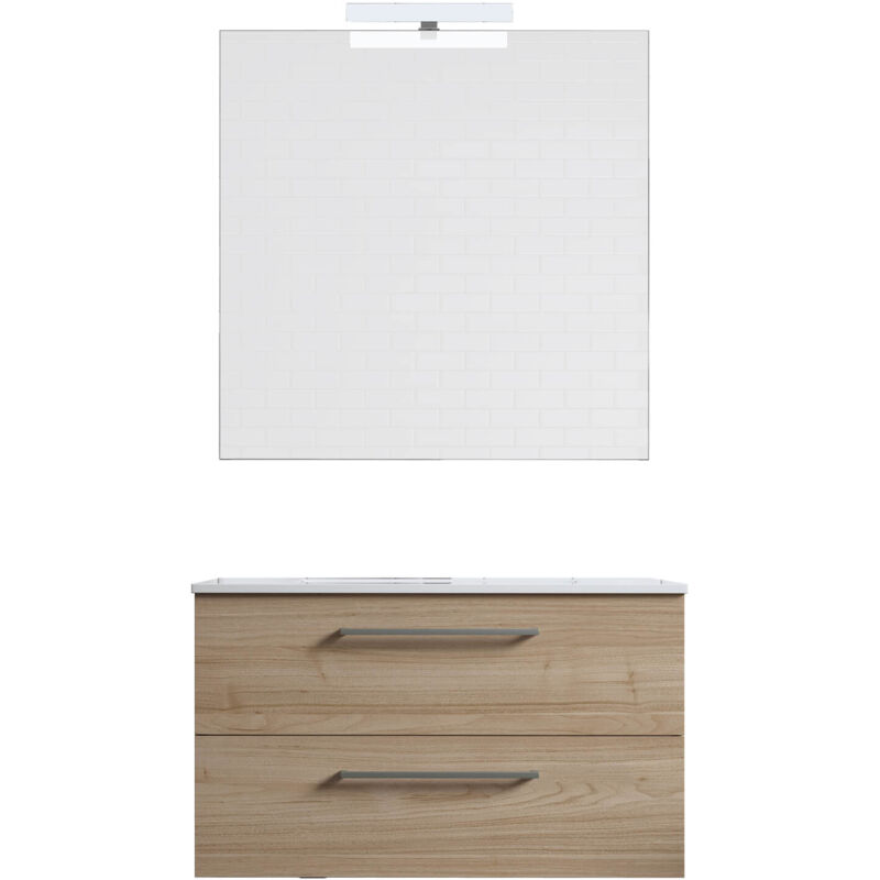 Mennza - Ensemble de salle de bain meuble suspendu 80cm double classic bois clair - Vasque - Miroir - Applique