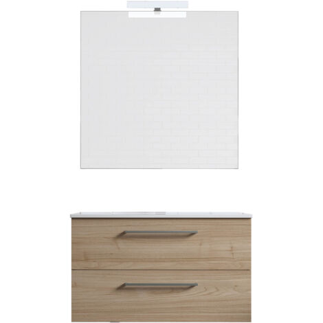 Ensemble de salle de bain meuble suspendu 80cm DOUBLE CLASSIC bois clair - Vasque - Miroir - Applique