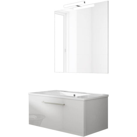 Ensemble de salle de bain meuble suspendu 80cm NICE CLASSIC blanc brillant - Vasque - Miroir - Applique