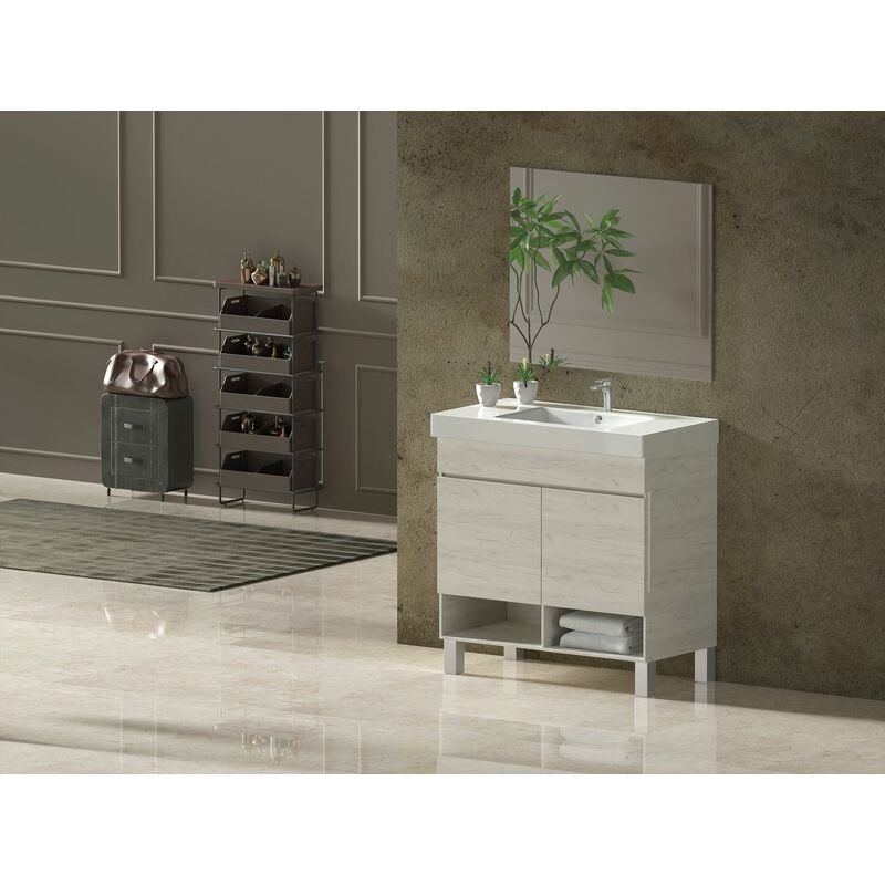 Allstone - Ensemble de salle de bain nebari avec pieds 2 portes ou un tiroir au choix- Comprend meubles, lavabo et miroir Blanc Nordique 50x40Cm avec