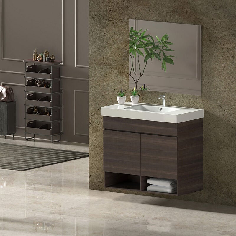 Allstone - Ensemble de salle de bain nebari 2 portes ou un tiroir au choix- Comprend meubles, lavabo et miroir Fresne tea 50x40Cm avec tiroir