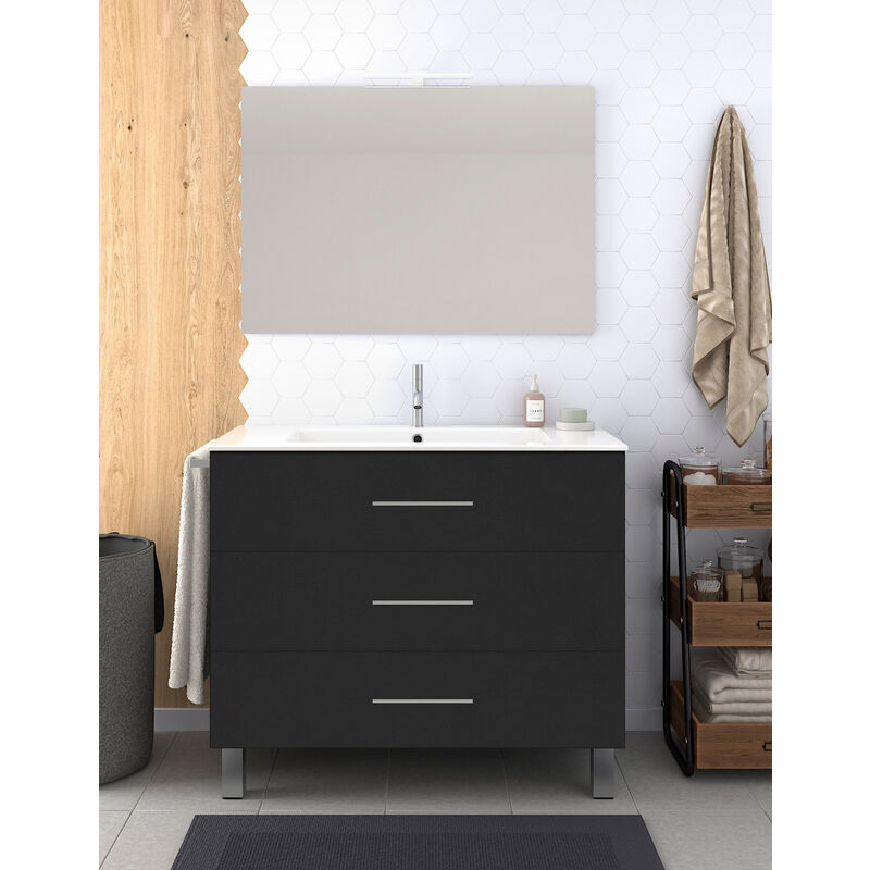 Ensemble de salle de bain Ribera avec 3 tiroirs - 7 couleurs différentes - 15 dimensions - Avec meubles, lavabo et miroir - Graphite 60x45Cm