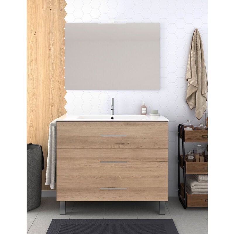 Ensemble de salle de bain Ribera avec 3 tiroirs - 7 couleurs différentes - 15 dimensions - Avec meubles, lavabo et miroir - Sable 100x40Cm