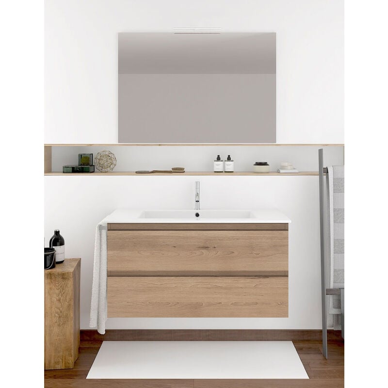 Allstone - Ensemble de salle de bain Ibiza avec 2 tiroirs - 8 couleurs différentes - 15 dimensions - Avec meubles, lavabo et miroir - Sable 50x40Cm