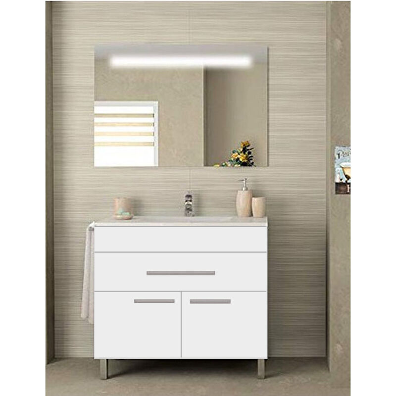 Ensemble de salle de bain Bahia avec 2 portes et 1 tiroir - 7 couleurs différentes - 15 dimensions - Avec meubles, lavabo et miroir - Blanc 100x45Cm