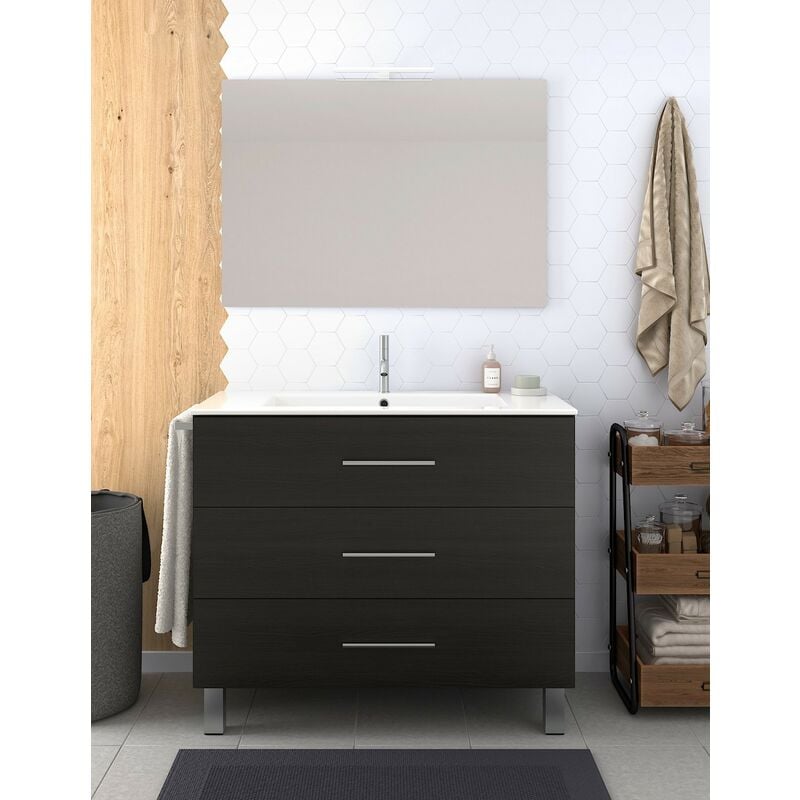 Ensemble de salle de bain Ribera avec 3 tiroirs - 7 couleurs différentes - 15 dimensions - Avec meubles, lavabo et miroir - Chêne Sinatra 75x45Cm