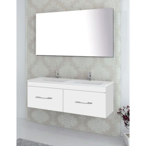 Ensemble de salle de bain suspendu Florence 1 tiroir - 8 couleurs différentes - 14 dimensions - Avec meubles, lavabo et miroir - Blanc 120x45Cm 2 vasques