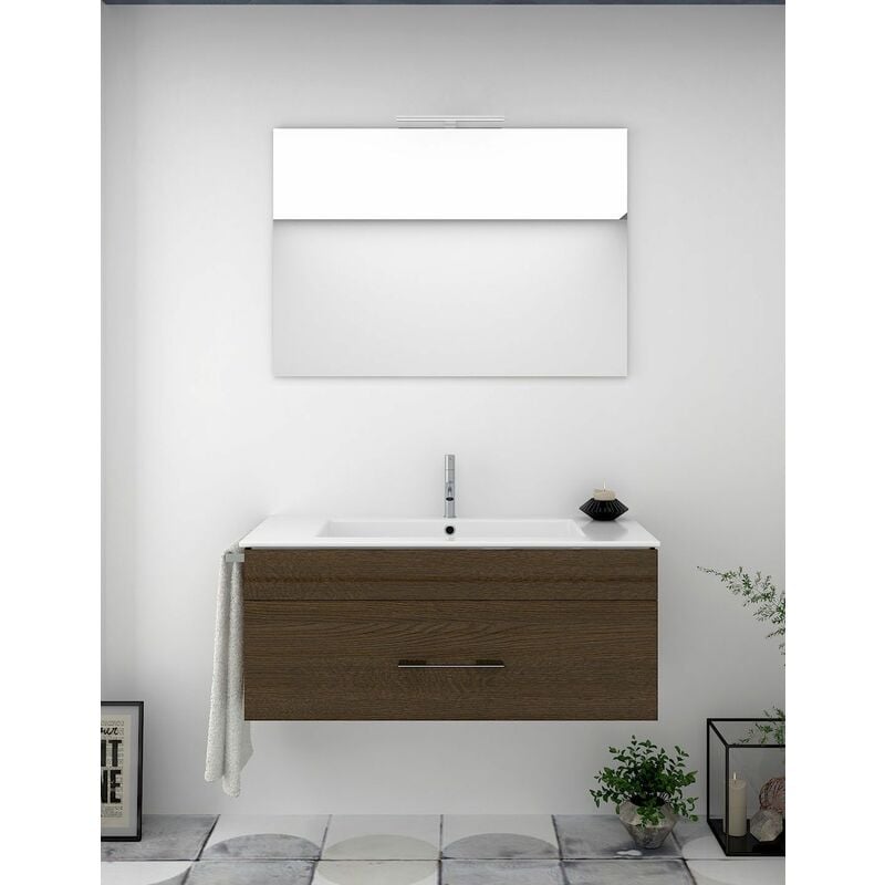 Allstone - Ensemble de salle de bain suspendu Florence 1 tiroir - 8 couleurs différentes - 14 dimensions - Avec meubles, lavabo et miroir - Chêne