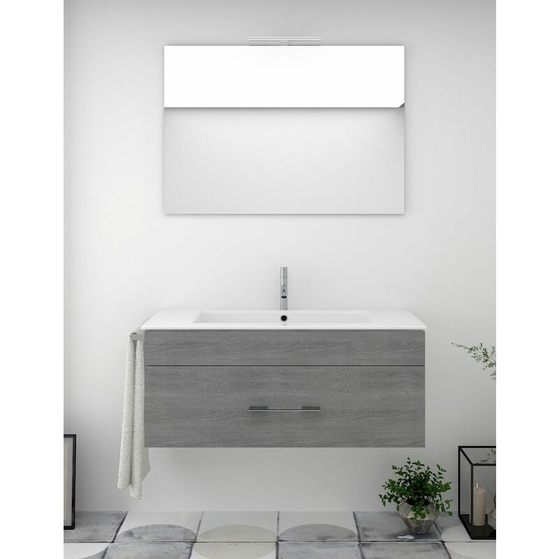 Ensemble de salle de bain suspendu Florence 1 tiroir - 8 couleurs différentes - 14 dimensions - Avec meubles, lavabo et miroir - Chêne Smoky 50x40Cm