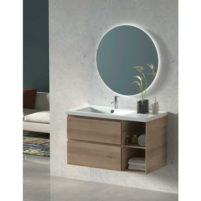 Ensemble de salle de bain Zeus -9 couleurs différentes 90 cm - avec meuble, miroir rond rétroéclairé et lavabo avec vasque déplacé à gauche Sable