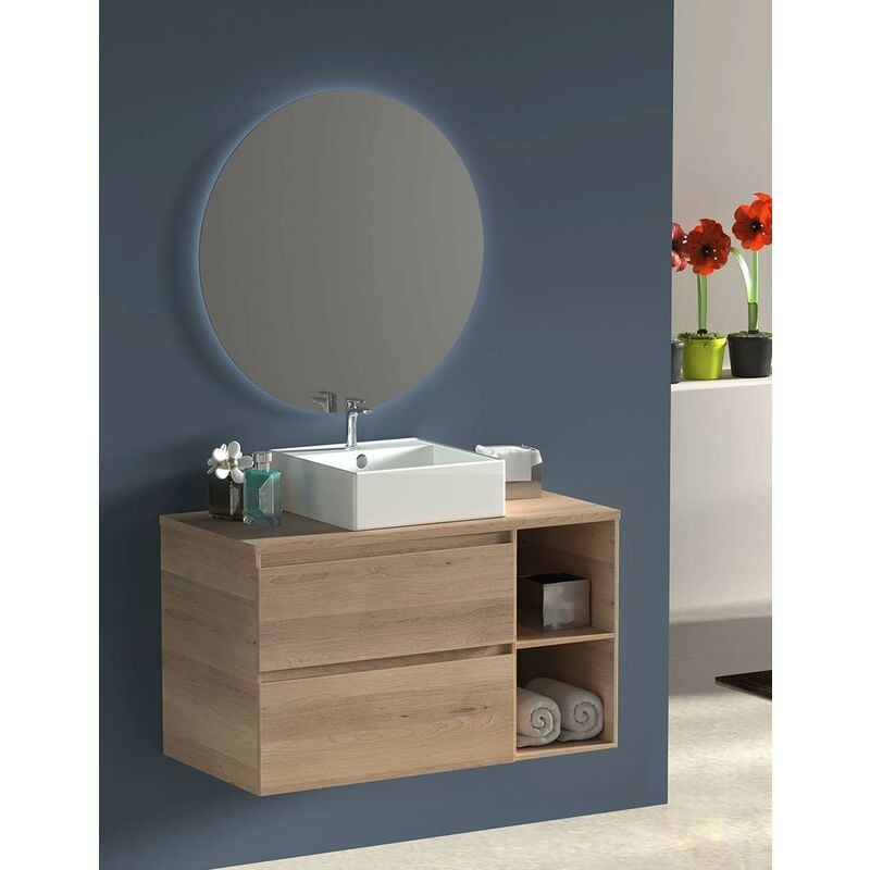 Ensemble de salle de bain Zeus - 9 couleurs (Voir dans la 3ème image) et 2 dimensions - avec meuble, miroir rond rétroéclairé et lavabo Sable 80 cm