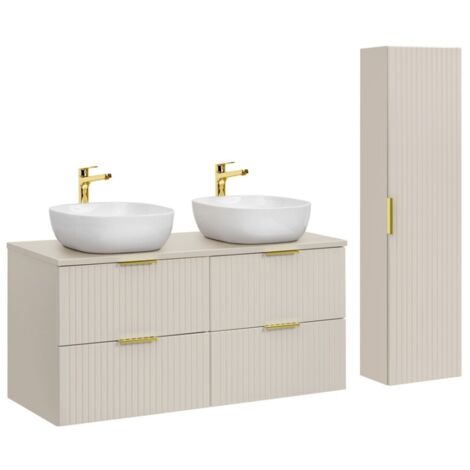 Ensemble de salle de bains NOXERA 120 cm – Marron congo – Double vasque + 4 tiroirs + colonne suspendue