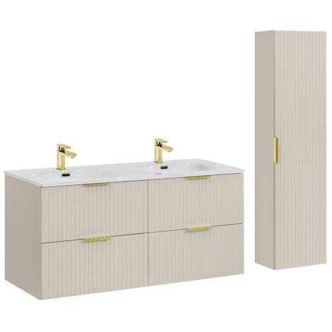 Ensemble de salle de bains NOXERA 120 cm – Marron congo – Double vasque + colonne suspendue