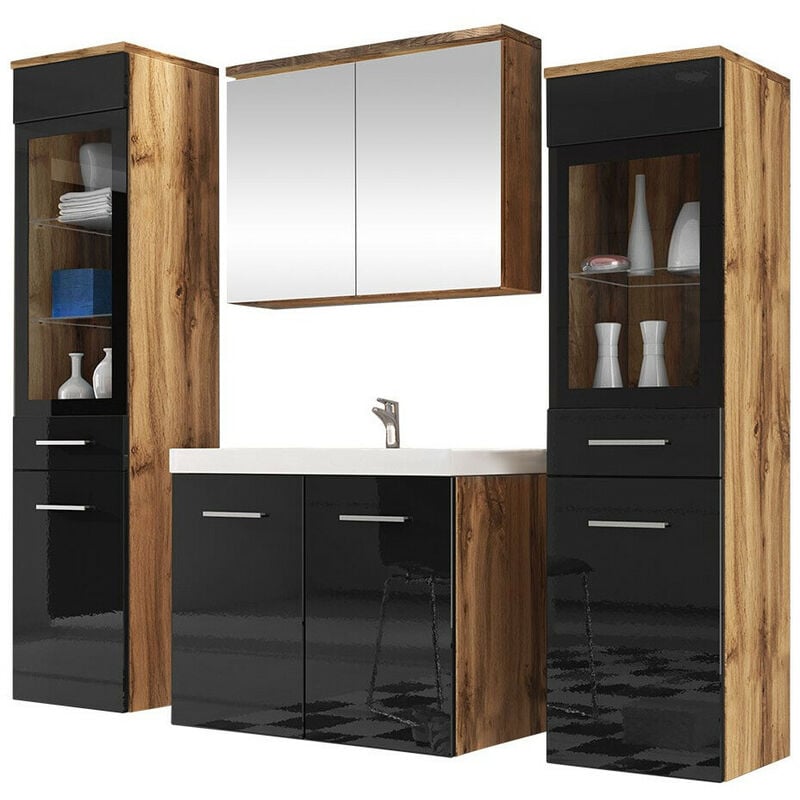 Mobilier1 - Ensemble de salle de bain Sarasota 140, Noir brillant + Chêne wotan
