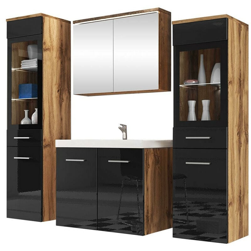 Mobilier1 - Ensemble de salle de bain Sarasota 140, Noir brillant + Chêne wotan
