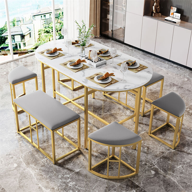 fortuna lai - ensemble table de salle à manger(140x70cm) et 6 chaises - table et chaises en mdf blanc et cadre en fer, assie gris, luxe - doré