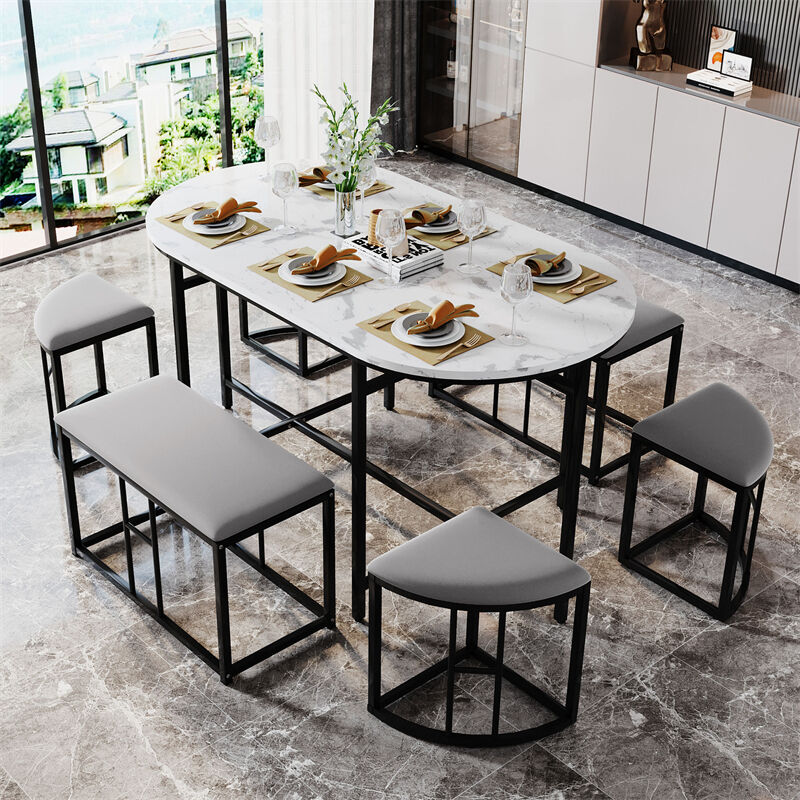 fortuna lai - ensemble table de salle à manger(140x70cm) et 6 chaises - table et chaises en mdf blanc et cadre en fer, assie gris, luxe - noir