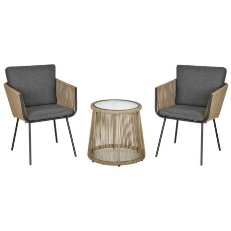 Ensemble de salon 3 pièces, 2 chaises, table d'appoint, coussins d'assise et de dossier, plateau en verre trempé, rotin synthétique, gris