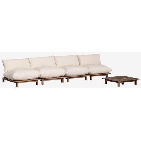Ensemble de salon avec canapé inclinable modulable 4 pièces et table basse en bois d'acacia Brina SKLUM Beige Crème