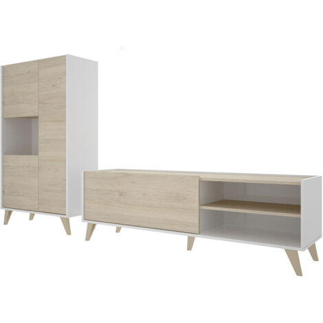Ensemble de salon avec meuble bas TV + buffet avec 3 portes coloris chêne naturel, blanc