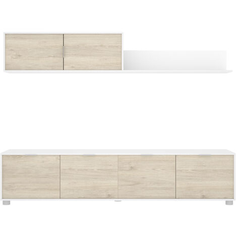 Ensemble de salon avec meuble TV + étagère en bois mélaminé coloris chêne naturel, blanc - Longueur 200 x Profondeur 40 x Hauteur 43/35 cm