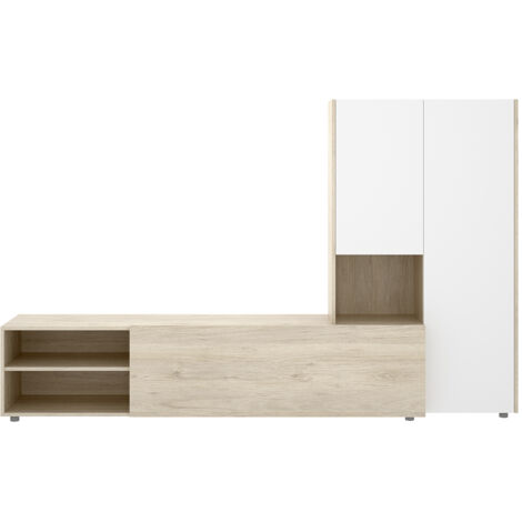 Ensemble de salon avec meuble TV + module haut en bois mélaminé coloris chêne naturel, blanc - Longueur 227 x Profondeur 40 x Hauteur 140 cm