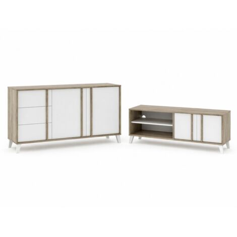 Ensemble de salon Buffet + Meuble TV Style Scandinave – coloris Chêne Clair et Blanc