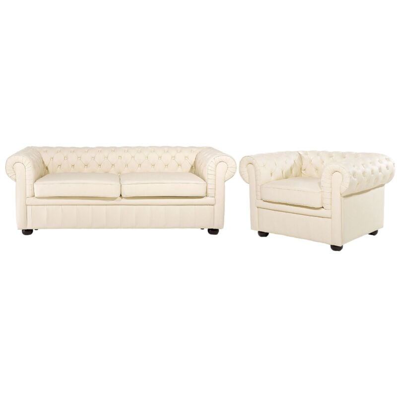 Ensemble Canapé et Fauteuil en Cuir Crème Dossier à Points Diamant Chesterfield