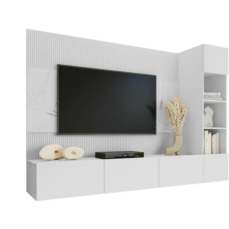Ensemble de salon Comfivo 369, Blanc + Marbre blanc